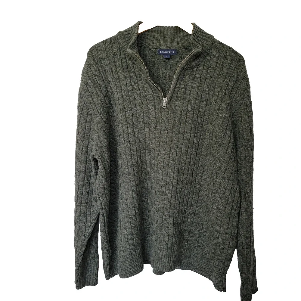 Lands End 100% Wool Cable Knit Sweater Mens XL Green Office Preppy Fisherman Zip